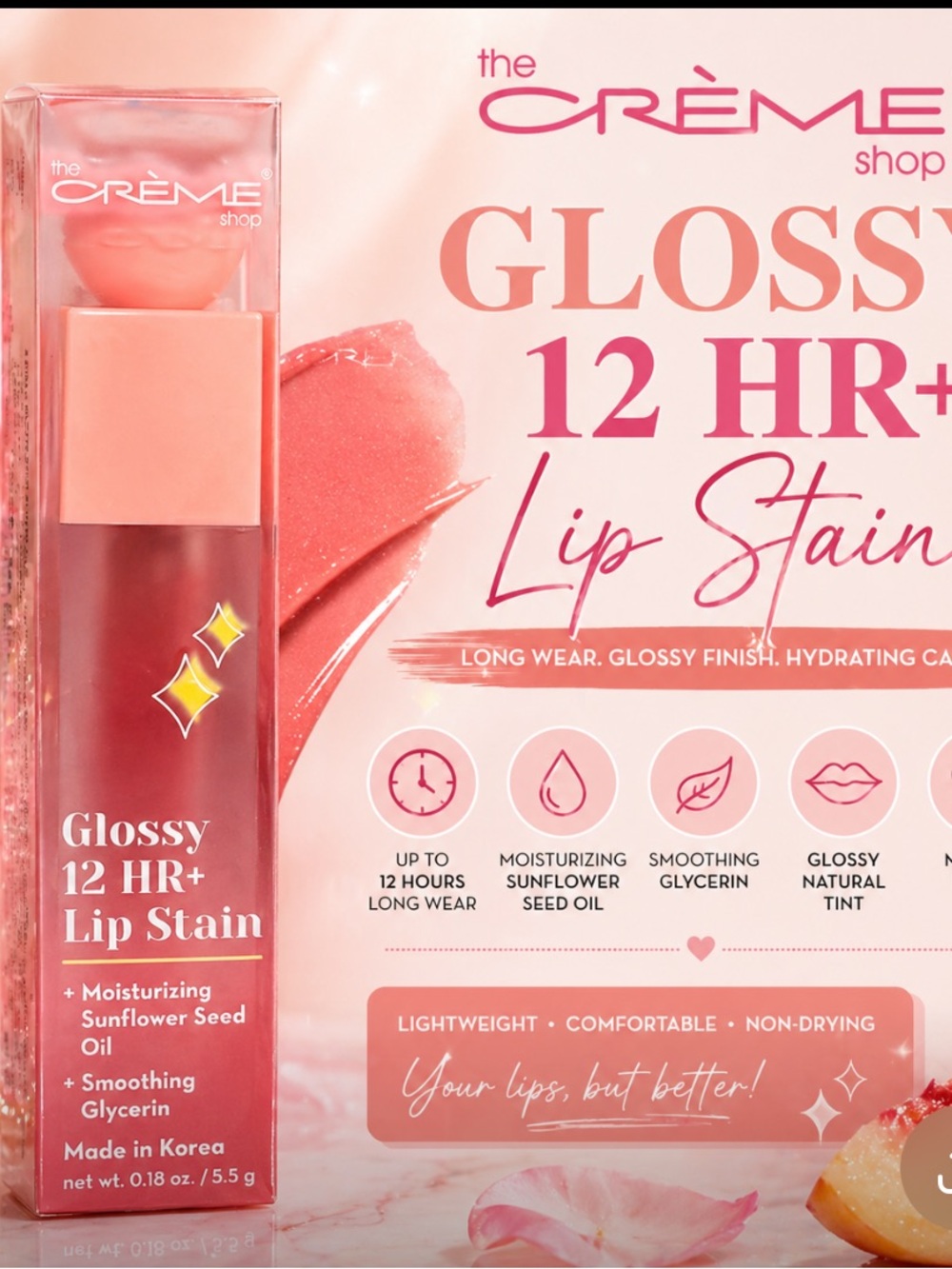 Creme Shop Glossy 12HR Lip Stain Peachy Tint Hydrating Korea